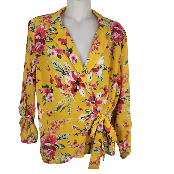 Kut From The Kloth Womens Blouse Large Floral Felicity Wrap Top Tie Waist Yellow - Picture 1 of 10